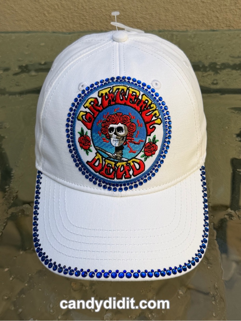 NWT Candy Did It! Handmade One Of A Kind White Grateful Dead Bling Ball Cap